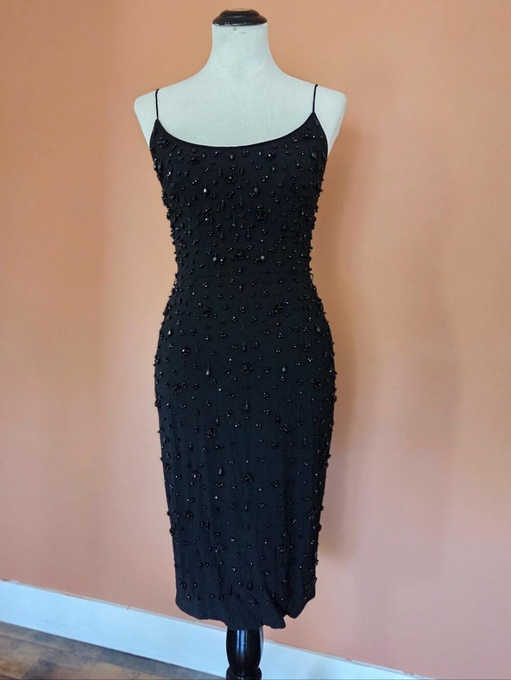 Vintage 1960s Black Beaded Wiggle Dress by Mam'Selle Betty Carol / Small